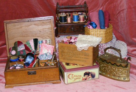 Sewing Box, Brass Iron,  Spool Holder, Buttons, Sewing Notions